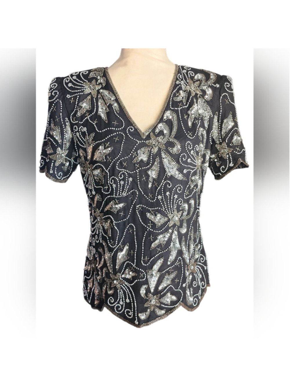 Vintage Papell Boutique Evening Size S Black Silk Beaded Sequined Top Formal
